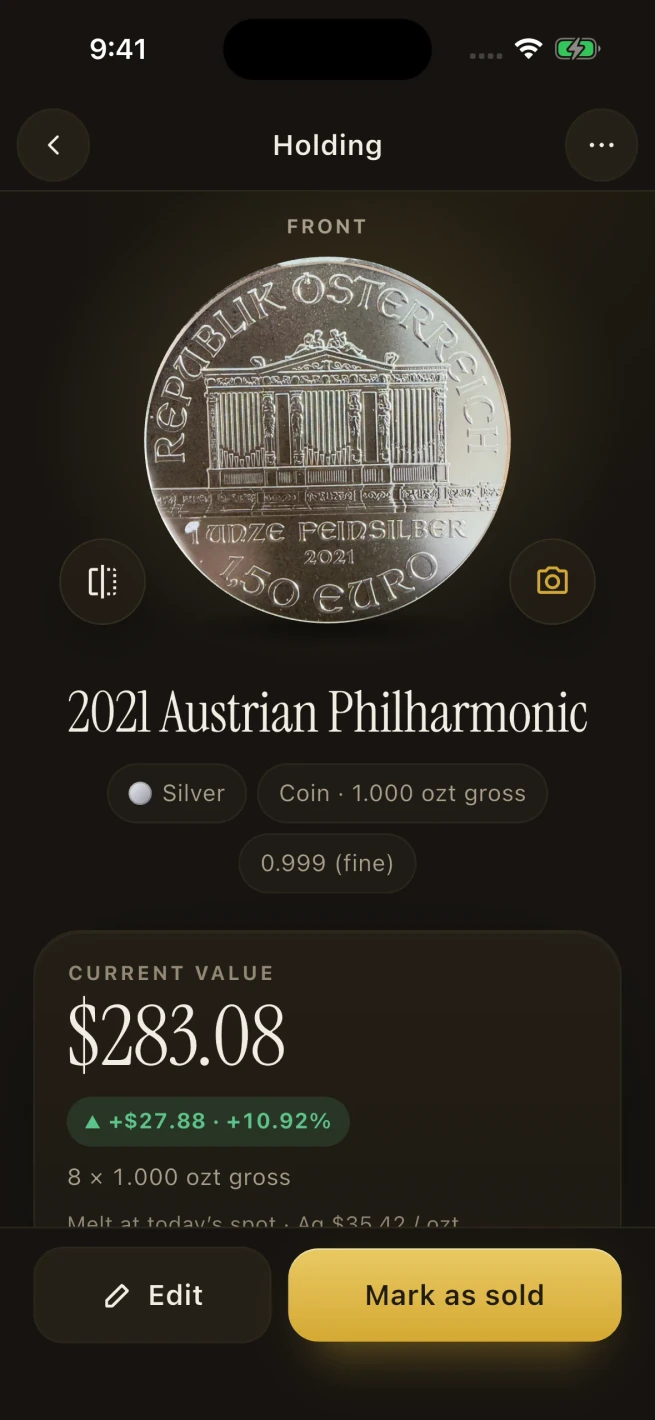 Holding details for a demo 2021 Austrian Philharmonic, with the owner-taken coin photo used for its front and back.