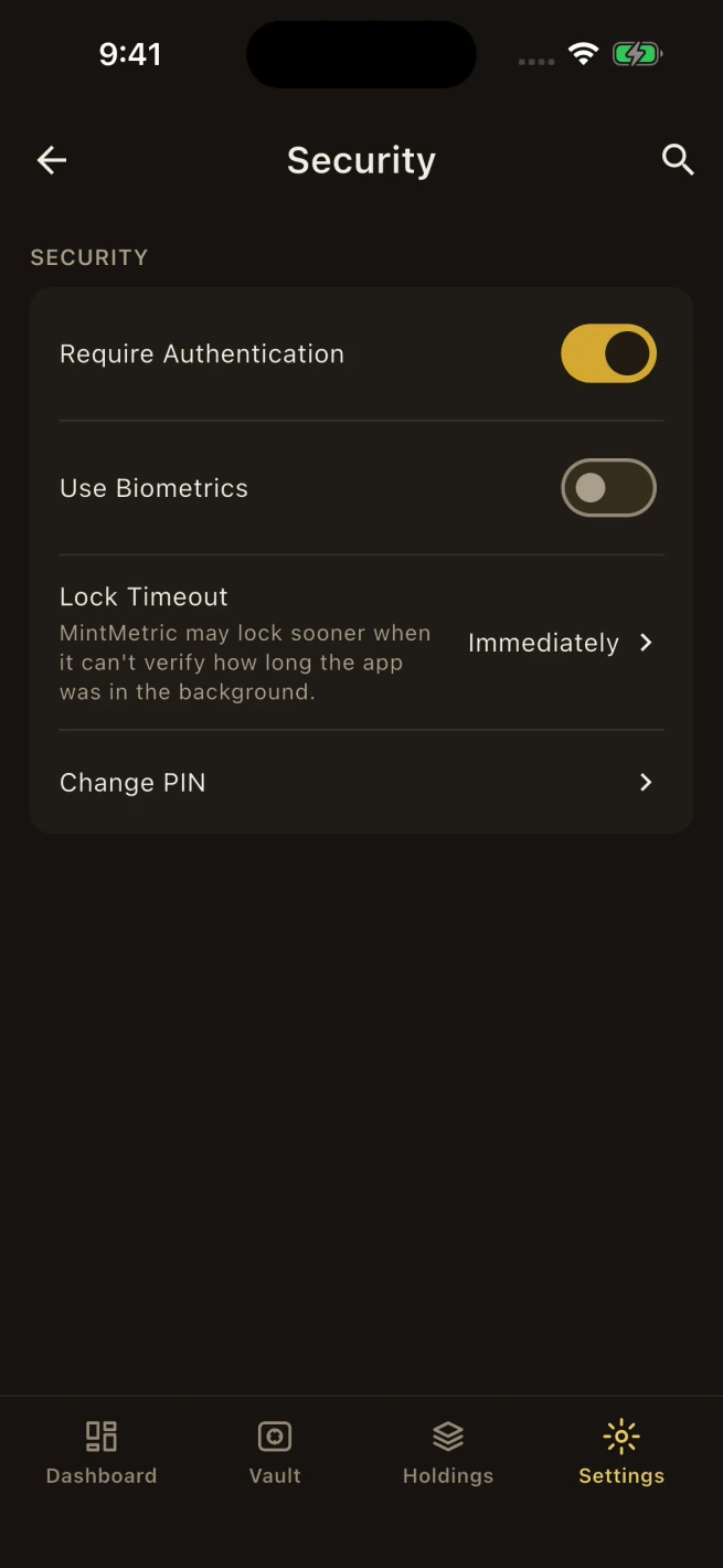 Security settings with the Require Authentication switch for the app lock.