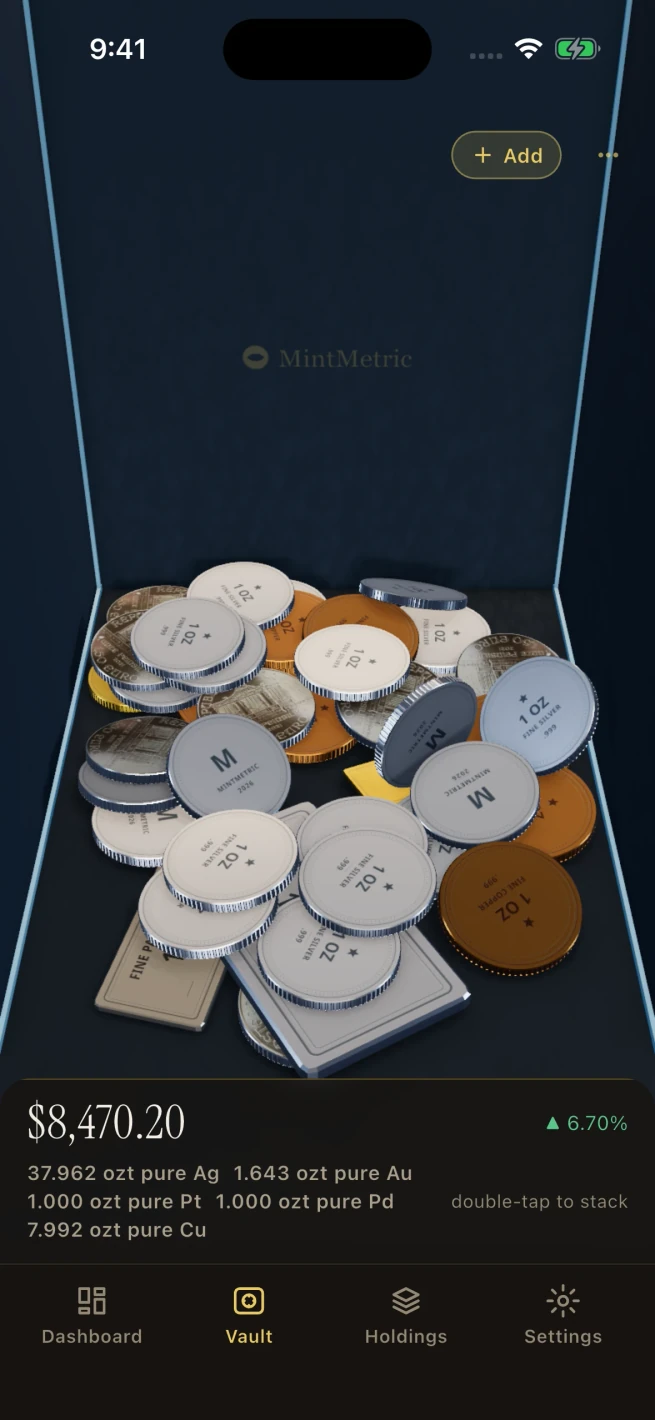 The Vault on an iPhone: demo coins, rounds and bars in a loose pile on the floor of a 3D room; the silver Philharmonic pieces carry the owner's photo.