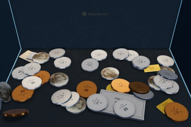 The Vault on an iPad with Show Photos on: the owner's silver Philharmonic pieces carry its photograph on their faces; the other holdings use generic finishes.