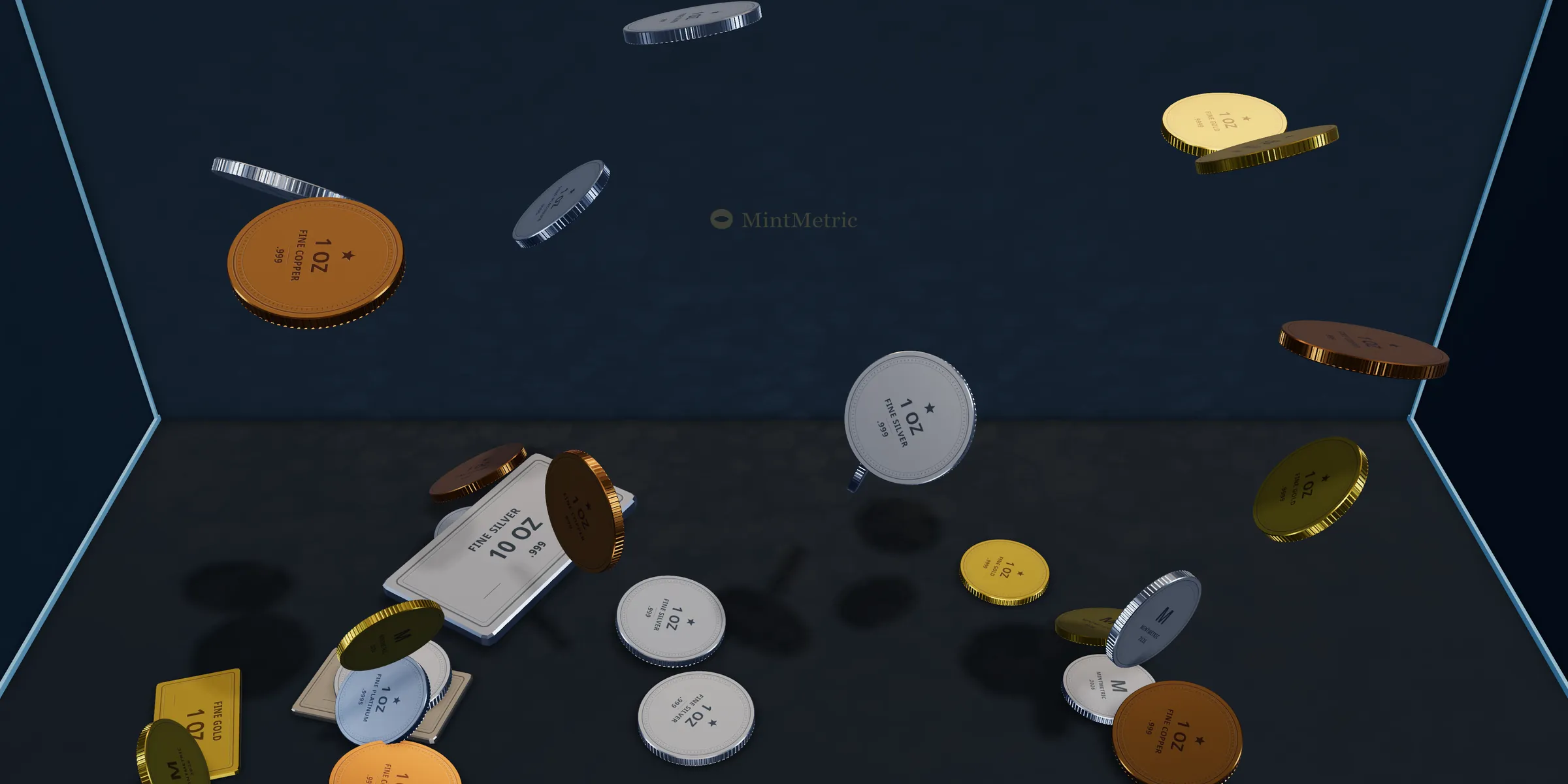 Sample coins, rounds and bars falling into the Vault, the first pieces already on the floor. Generic finishes, no photographs.