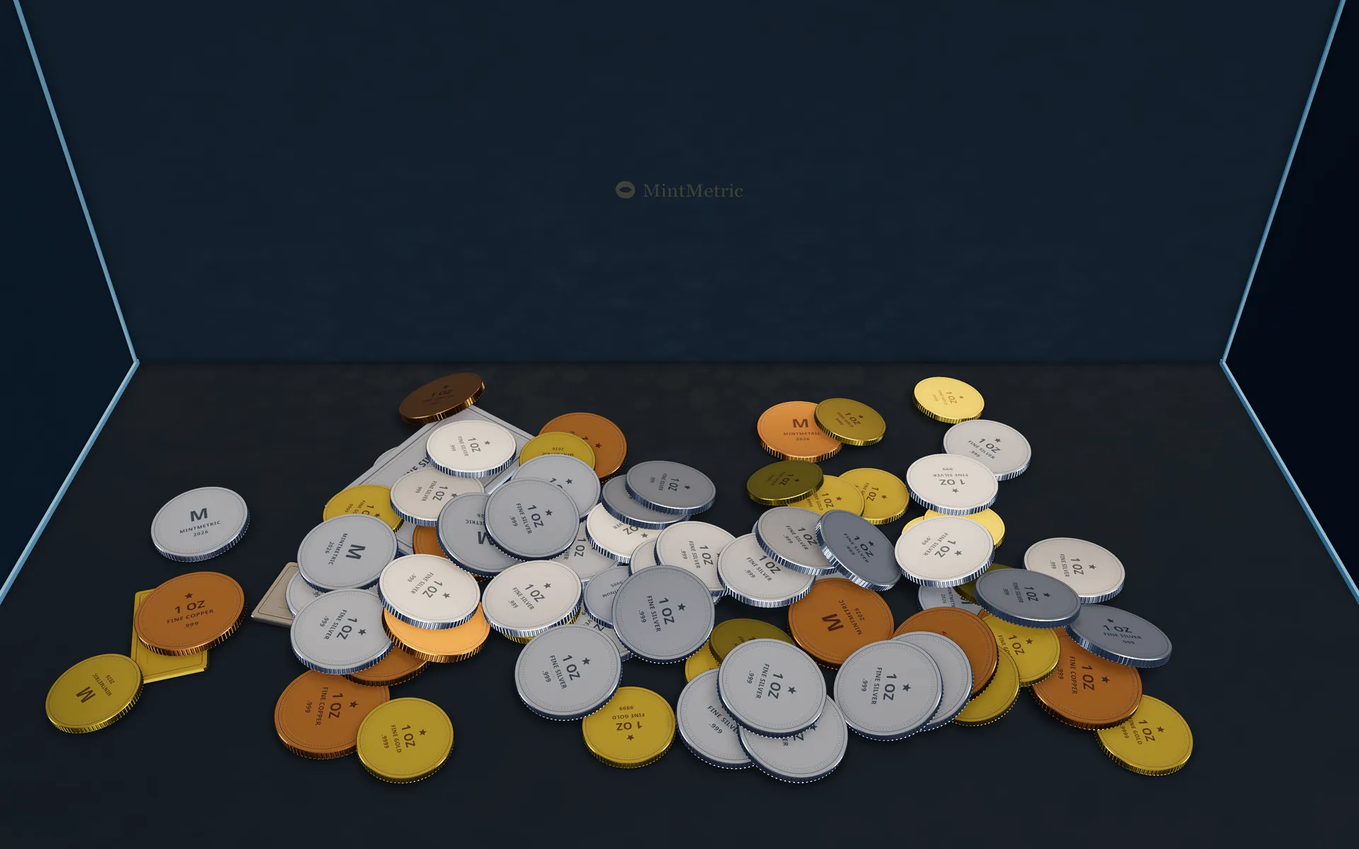 The MintMetric Vault: a dark room with sample gold, silver, platinum, palladium and copper coins, rounds and bars at rest. Generic finishes, no photographs.