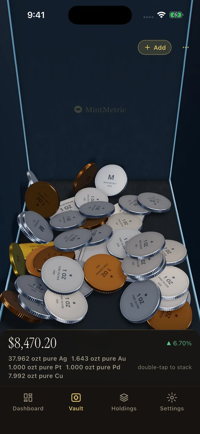 MintMetric's Vault on an iPhone: the Add button, the gesture hint, the value strip and the tab bar around the 3D scene. Generic finishes, no photographs.