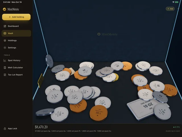 MintMetric's Vault on an iPad: the sidebar, the Add button and the value strip around the 3D scene of demo coins and bars. Generic finishes, no photographs.