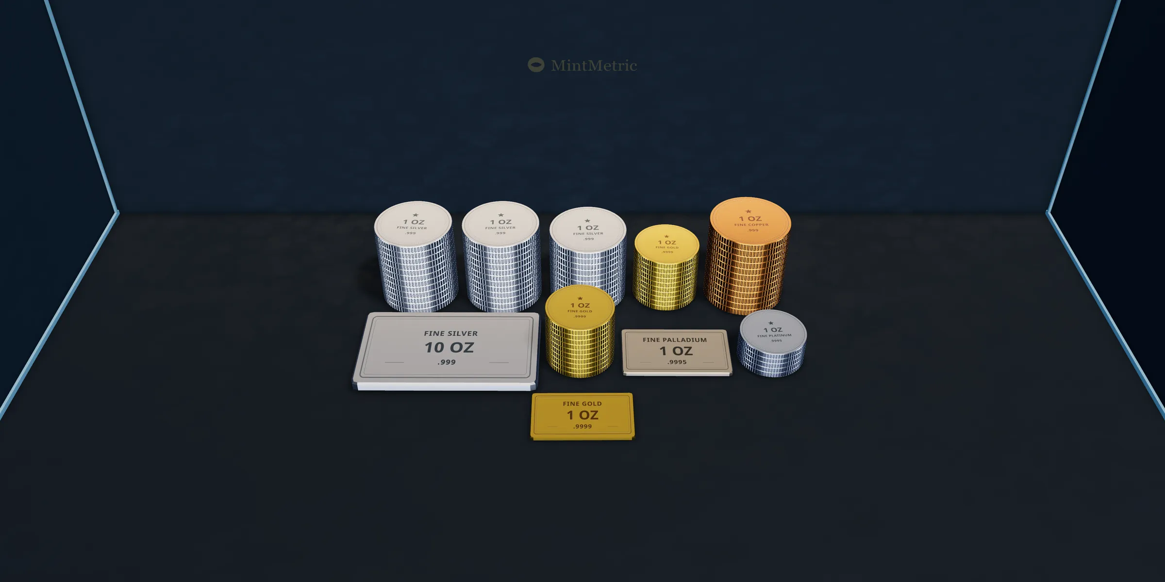The Vault after Stack: sample coins, rounds and bars arranged in neat stacks and rows. Generic finishes, no photographs.